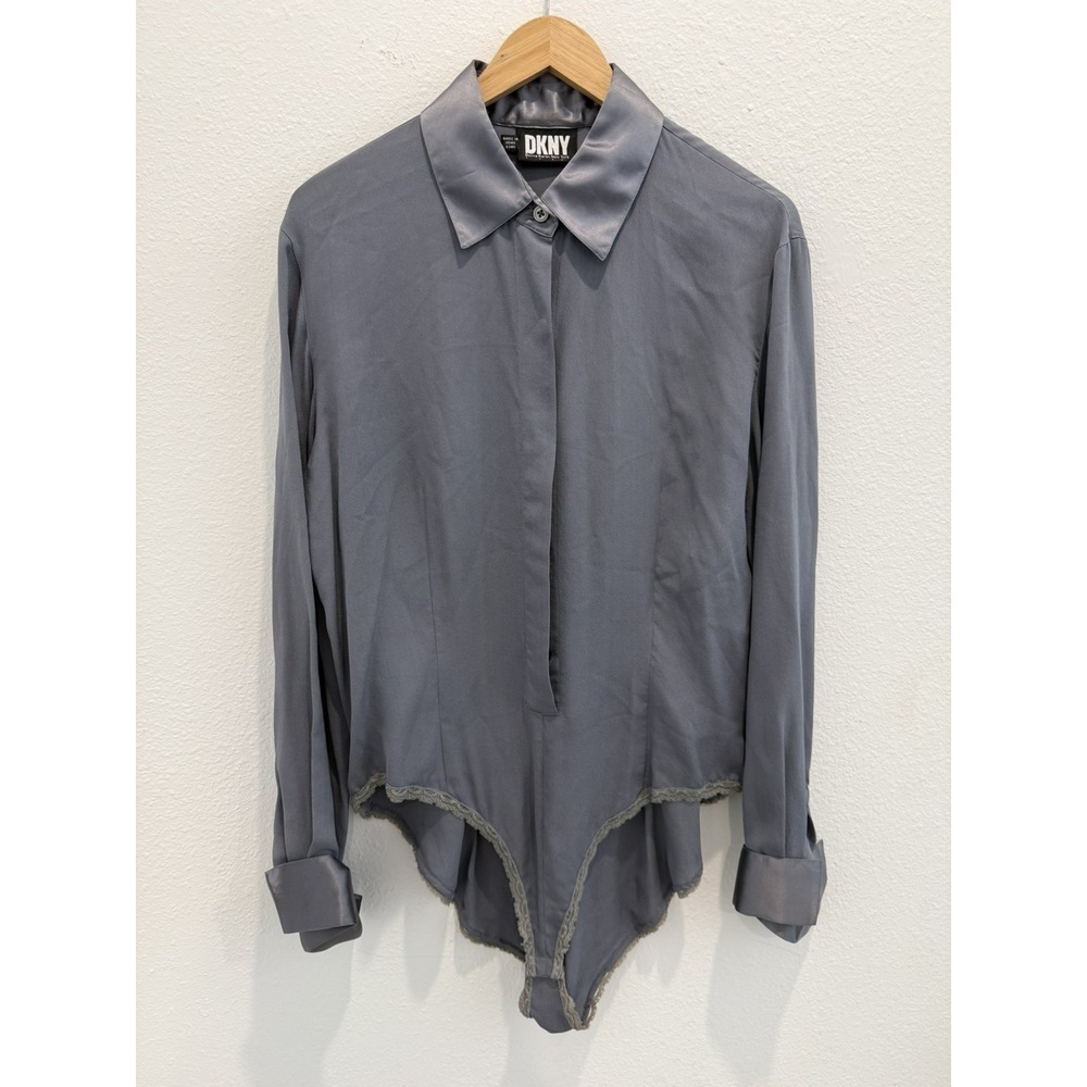 Vintage DKNY Donna Karan Women's Gray Blouse 100% Silk Size 14